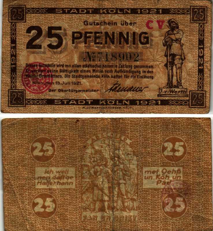 КЁЛЬН 25 ПФЕННИГОВ 1921 13 ИЮЛЯ 1921, НОТГЕЛЬД, ЗЕМЛЯ СЕВЕРНЫЙ РЕЙН-ВЕСТФАЛИЯ, СЕРИЯ CV Keller К30.18b бумага 6318-28-1-2