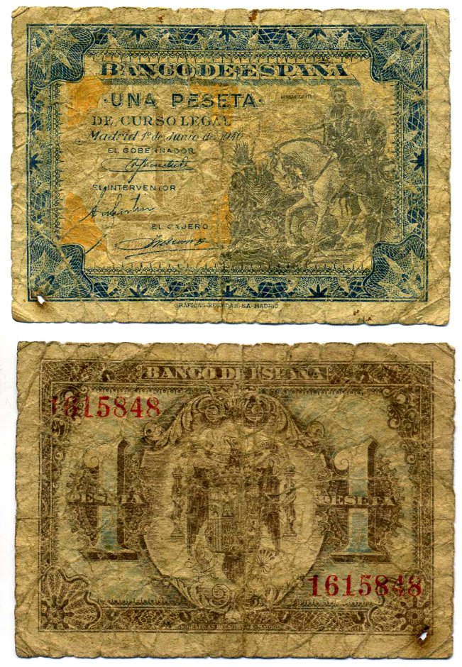 Испания 1 песета 1940 1 июня 1940, второй выпуск Pick 121a бумага 8613-60-3-1