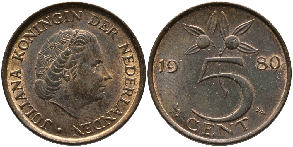 Нидерланды 5 центов 1980 Юлиана (1948-1980) KM 181 бронза 98-315