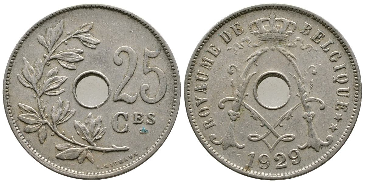 БЕЛЬГИЯ 25 САНТИМОВ 1929 BELGIQUE KM 68.1 медно-никель 4379-1417