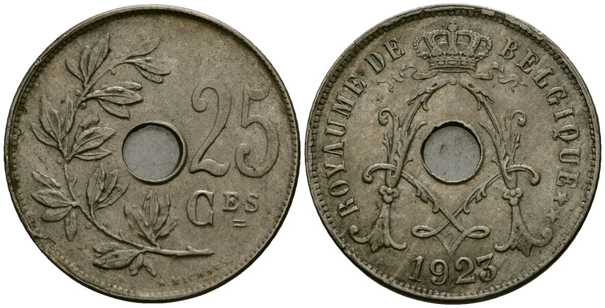 Бельгия 25 сантимов 1923 Belgique KM 68 медно-никель 4165-511