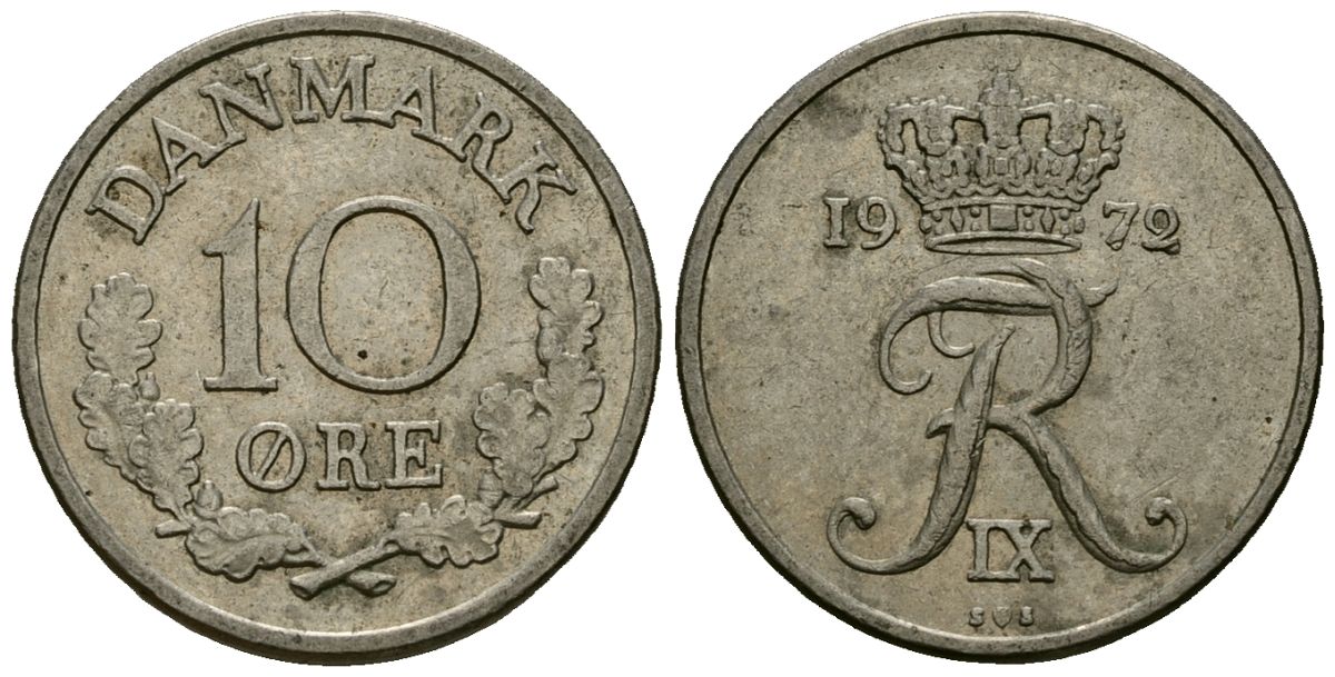 Дания 10 эре 1972 C; S, Фредерик IX (1947-1972) KM 849 медно-никель 4136-862