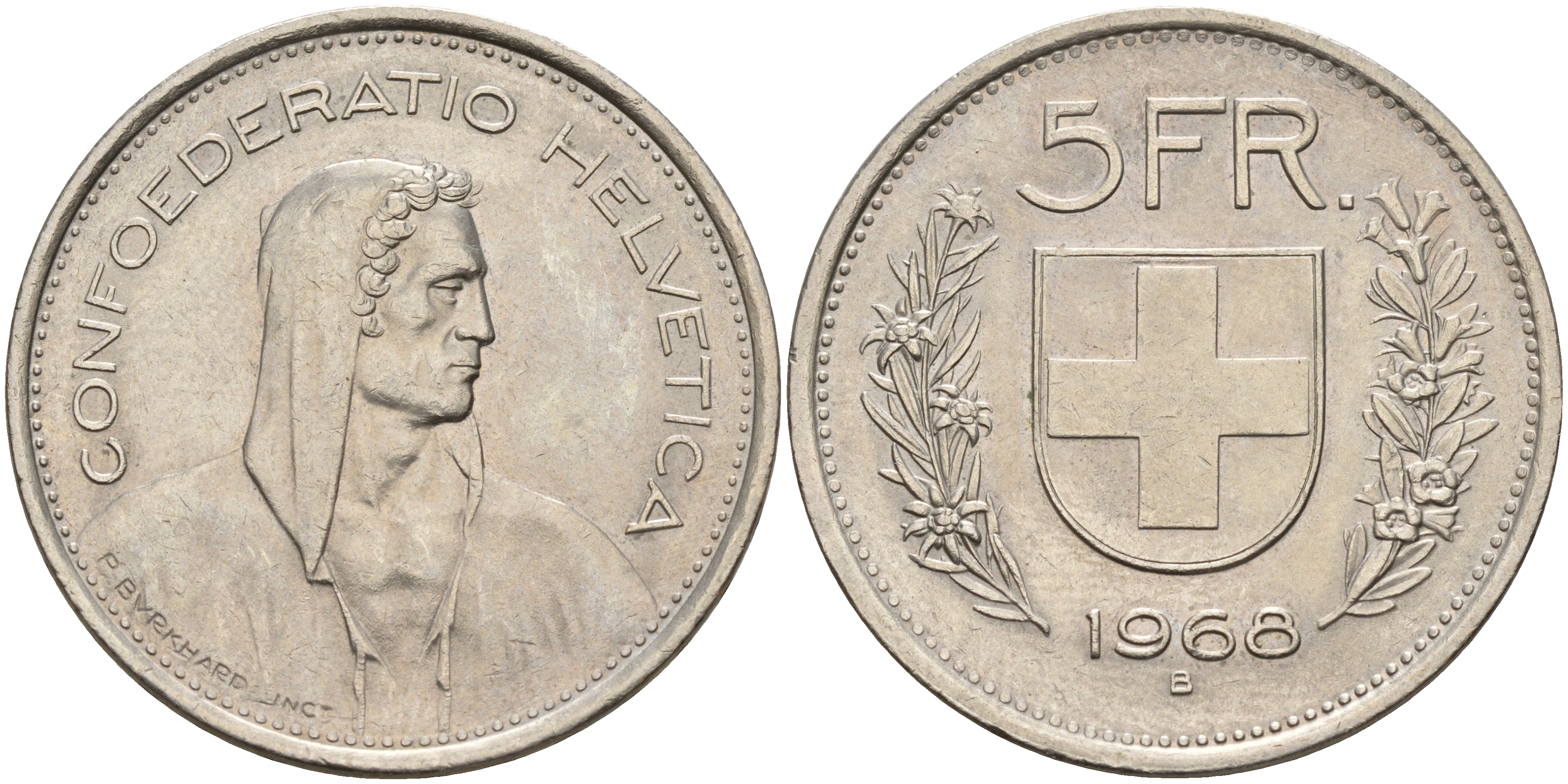 Швейцария 5 франков 1968 В, первый год KM 40а.1 медно-никель  4149-415