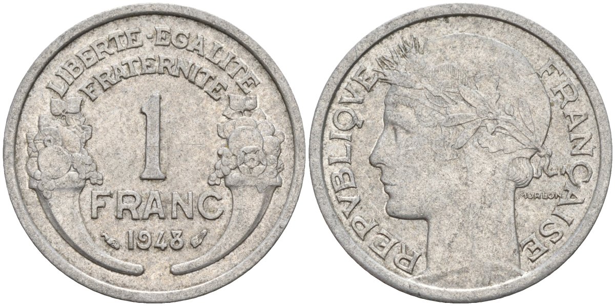 Франция 1 франк 1948 KM 885a.1 алюминий 4142-957