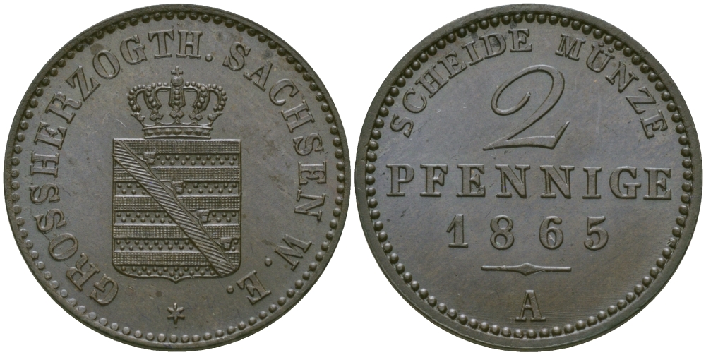 Саксен-Веймар-Эйзенах 2 пфеннига 1865 А, Карл Александр (1853-1901) KM 90, Jaeger 534, AKS 36 медь  UNC  65-553