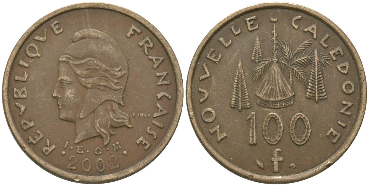 Французская Новая Каледония 100 франков 2002 хижина среди сосен и пальм, (IEOM) KM 15, Schoen 16, Lec 139f никель бронза 109-731