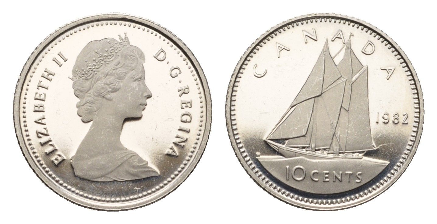 Канада 10 центов 1982 Елизавета II (1952-2022), парусник KM 77 никель PROOF 413-3623