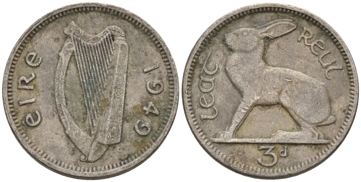 Ирландия 3 пенса 1949 заяц KM 12a медно-никель 4596-1062