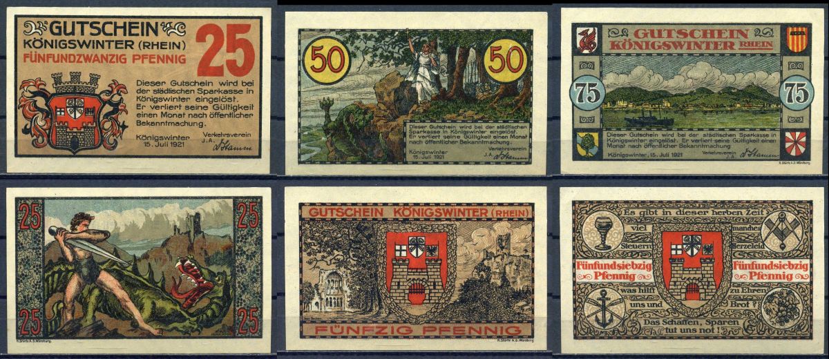 Кенигсвинтер (Германия) набор из 3 банкнот (25, 50 и 75 пфеннигов) 1921 DeNG 1/2 731.1-1/3, 2/3, 3/3 бумага UNC (пресс) 7556-8-4-1