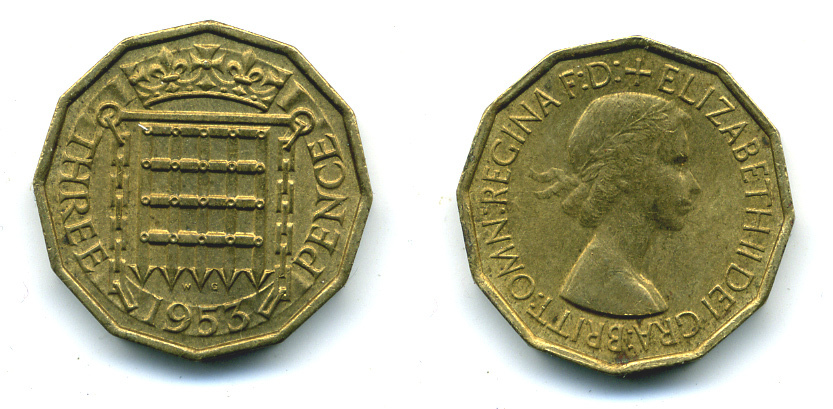 Великобритания 3 пенса 1953 Елизавета II (1952-2022) KM 886, Spink 4152 никель латунь 4383-311