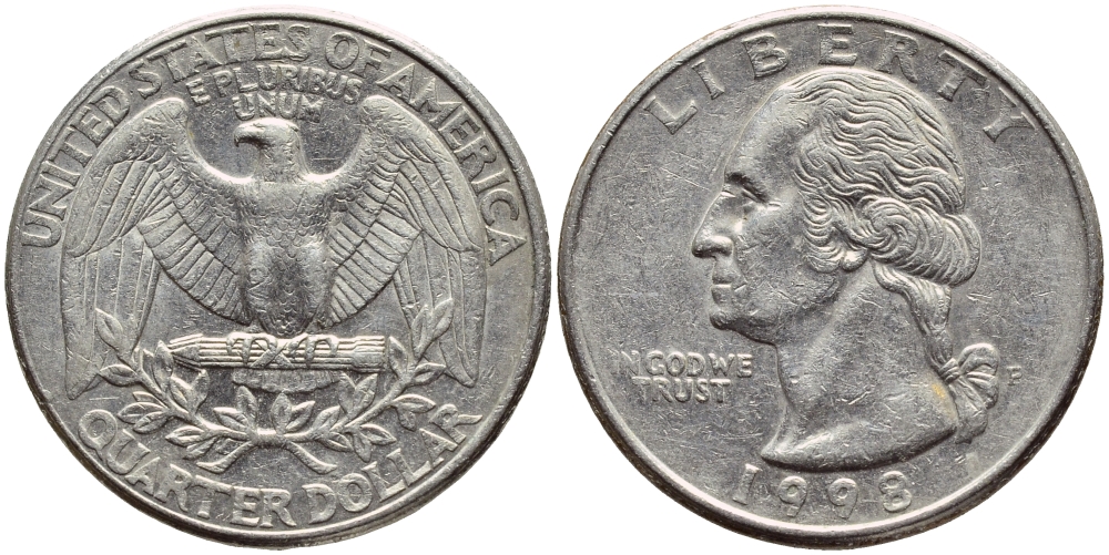 США 25 центов = квотер 1998 P, Вашингтон KM А164а медь плакированная медно-никелем 4397-124