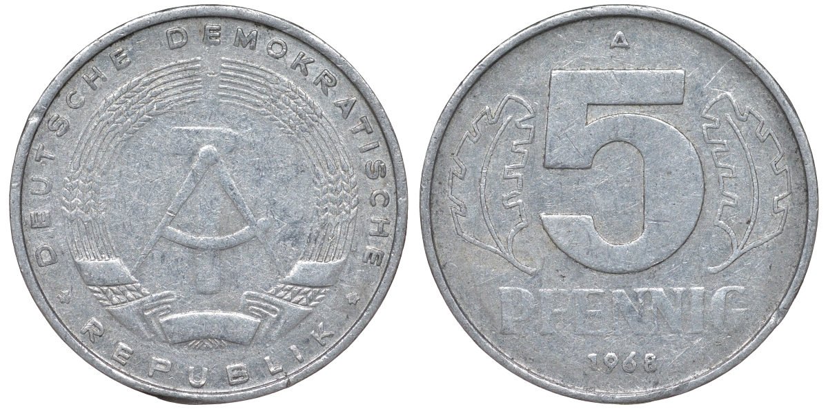 ГДР 5 ПФЕННИГОВ 1968 A KM 9.1 алюминий 62-156