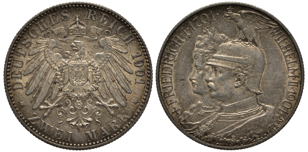 Пруссия 2 марки 1901 A, 200 лет Прусской королевской династии (Фридрих I - Вильгельм II) J.105, Weege 105, KM 525 серебро 3711-1012