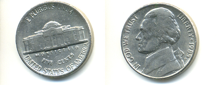 США 5 ЦЕНТОВ 1985 P, ДЖЕФФЕРСОН KM А192 медно-никель 86-615