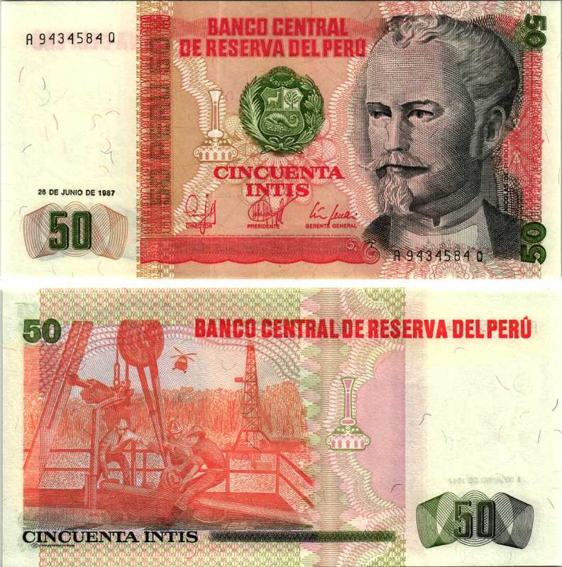 Перу 50 инти 1987 Николас де Пьерола, президент Pick 131 b бумага UNC (пресс) 8518-49-1-2