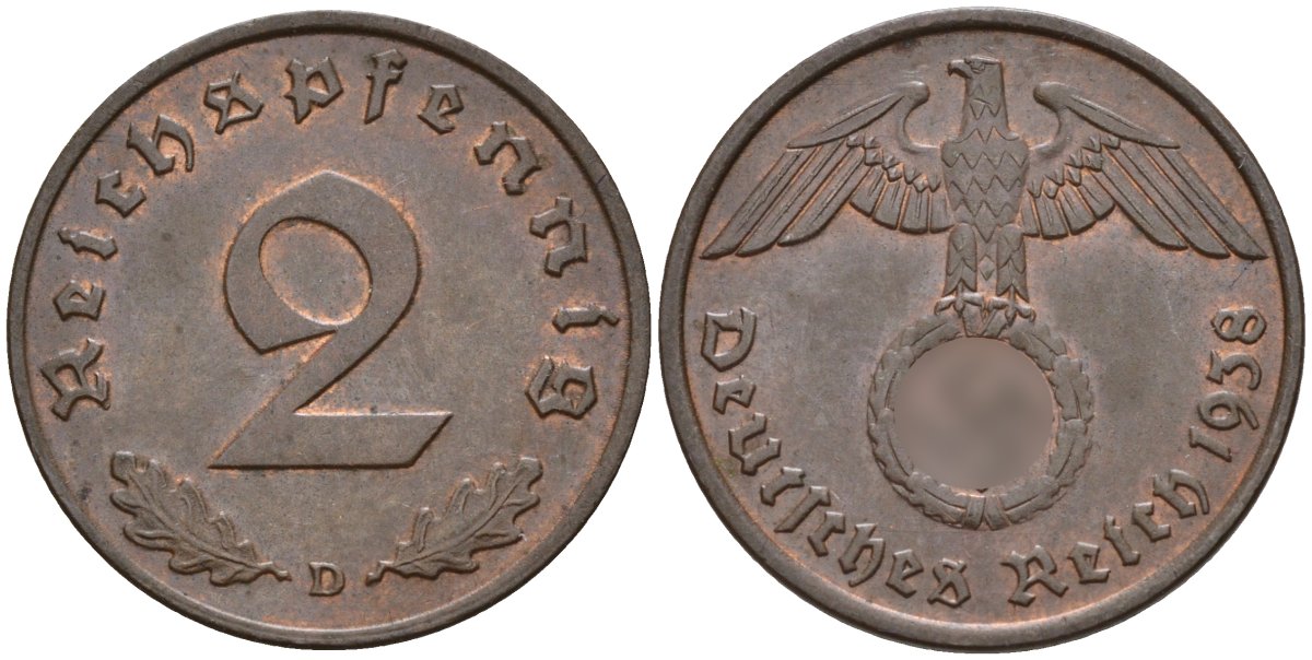 Германия 2 рейхспфеннига 1938 D KM 90, J. 362 бронза 4151-112