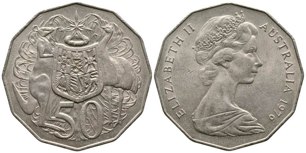 Австралия 50 центов 1976 Елизавета II (1952-2022), герб Австралии, кенгуру KM 68 медно-никель 84-1121