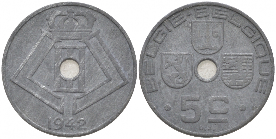 БЕЛЬГИЯ 5 САНТИМОВ 1942 BELGIE-BELGIQUE KM 124 никель латунь 4549-1142