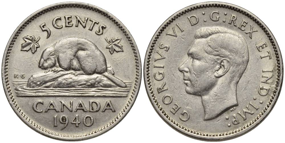 КАНАДА 5 ЦЕНТОВ 1940 БОБЁР, ГЕОРГ VI KM 33 никель 27-514