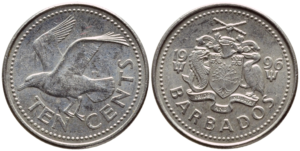 Барбадос 10 центов 1996 смеющаяся (Ацтекская) чайка KM 12 медно-никель 4396-1233