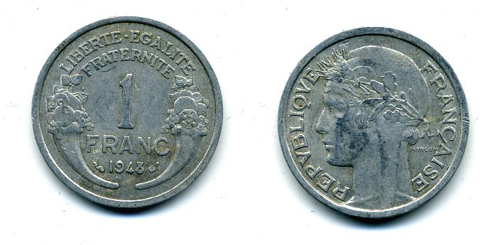 ФРАНЦИЯ 1 ФРАНК 1948 ТИП MORLON, LEGERE KM 885a.1, LE FRANC 221.13 алюминий 37-847