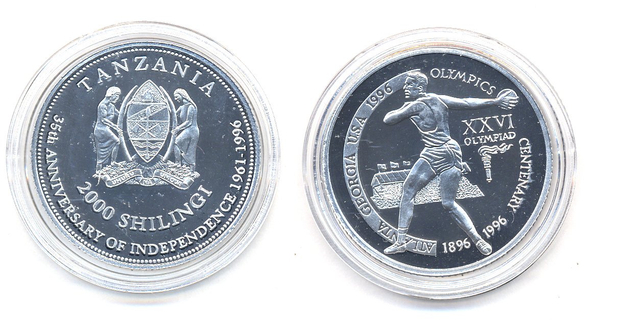Танзания 2000 шиллингов 1996 XXVI Олимпийские игры 1996 года в Атланте, 100 лет Олимпийскому движению, дискобол, пробник, рубчатый гурт алюминий PROOF 06-157-42
