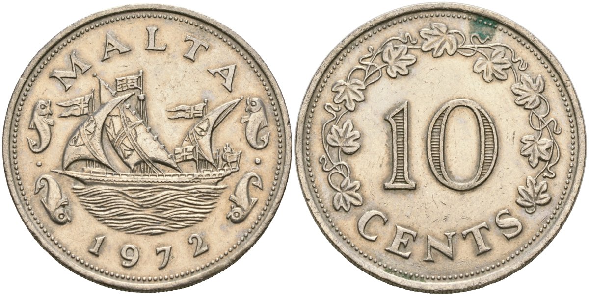 Мальта 10 центов 1972 баржа Великого магистра KM 11 медно-никель 4137-836