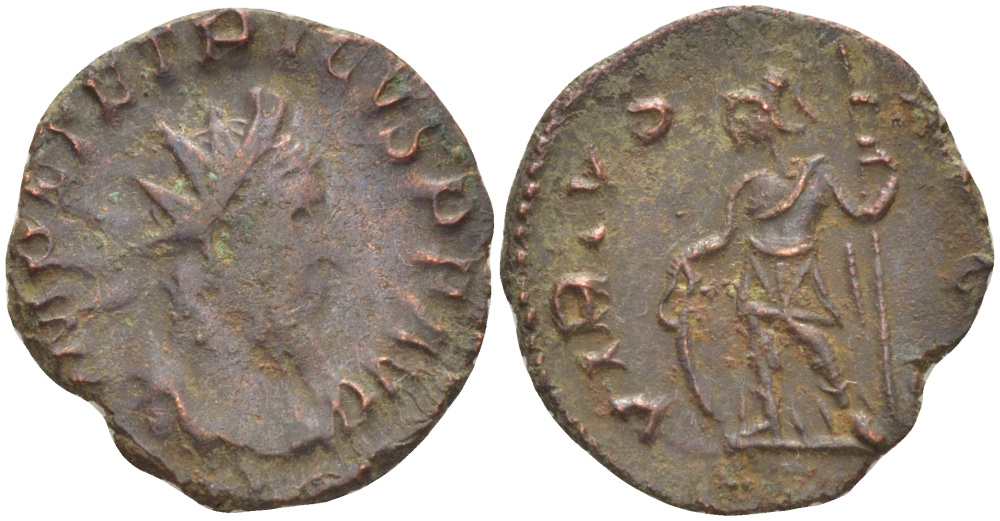 Римская Империя (императоры в Галлии) антониниан 273 - 274 Тетрик I. VIRTVS AVGG, Марс, держащий копье, Колония Агриппины, Very fine RIC 148 биллон 1073-14-22