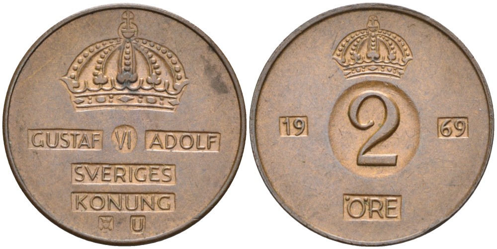 Швеция 2 эре 1969 U, Густав VI Адольф (1950-1973) KM 821 бронза 4364-1411