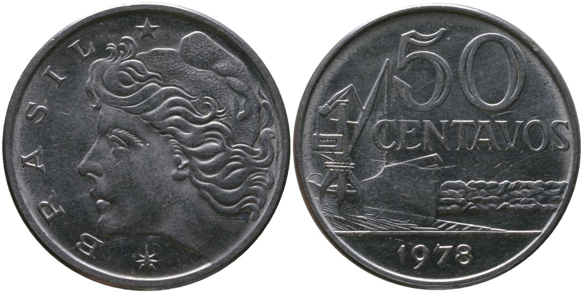 Бразилия 50 сентаво 1978 голова свободы влево KM 580b, Schon 85b нержавеющая сталь aUNC 4577-1232