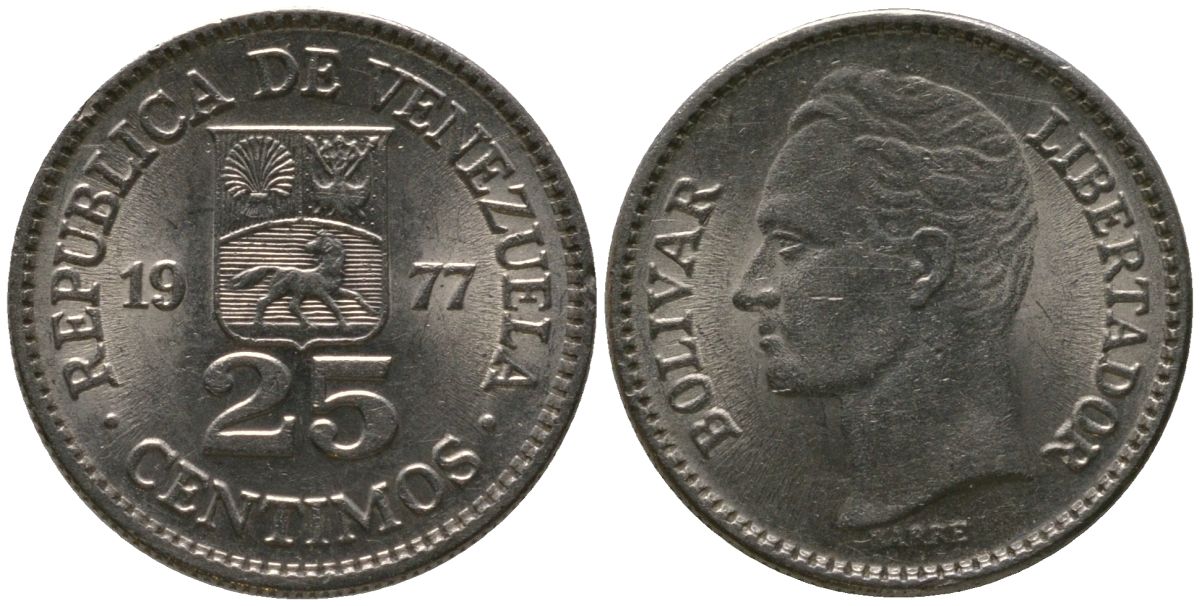 Венесуэла 25 сентимо 1977 Симон Боливар KM 50.2 никель 4576-666