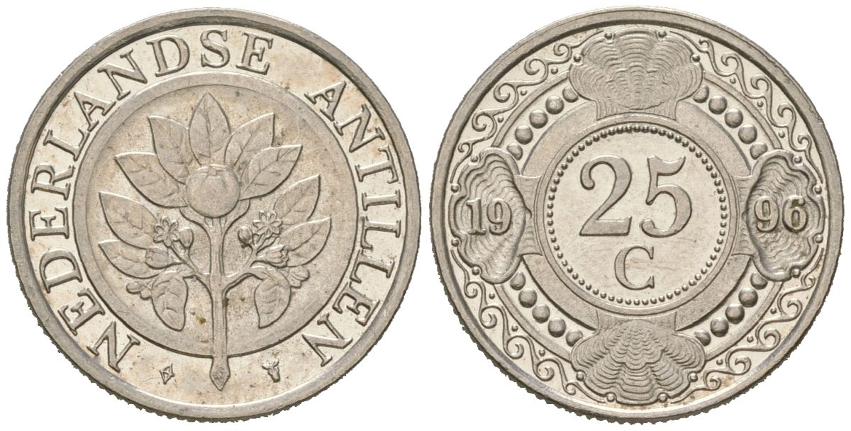 Нидерландские Антилы 25 центов 1996 KM 35 сталь плакированная никелем UNC 4167-156