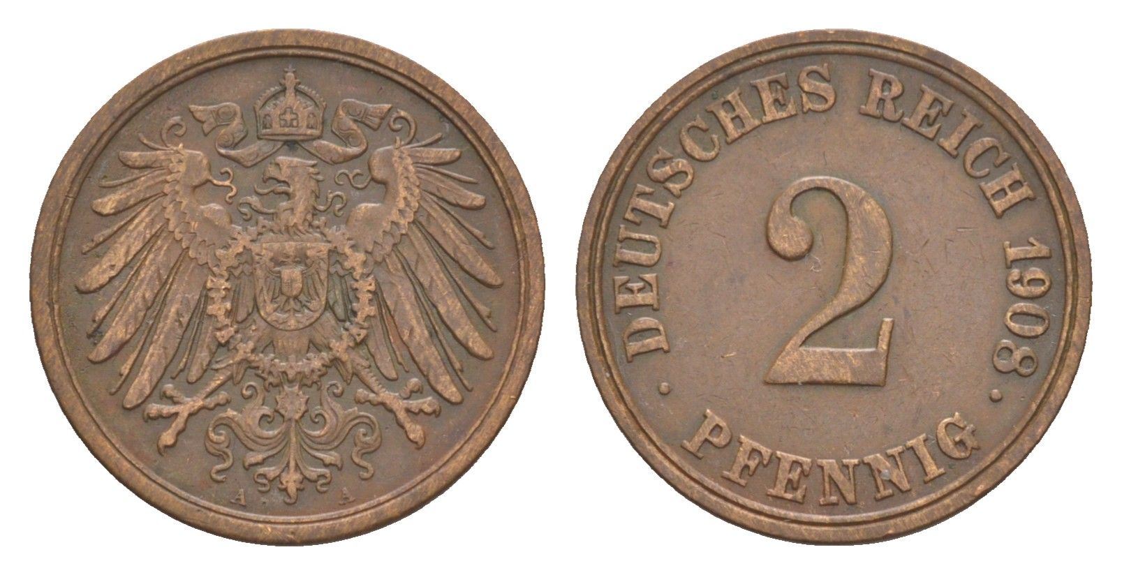 Германия 2 пфеннига 1908 A, Вильгельм II (1888-1918) KM 16, J. 11 медь 4647-851