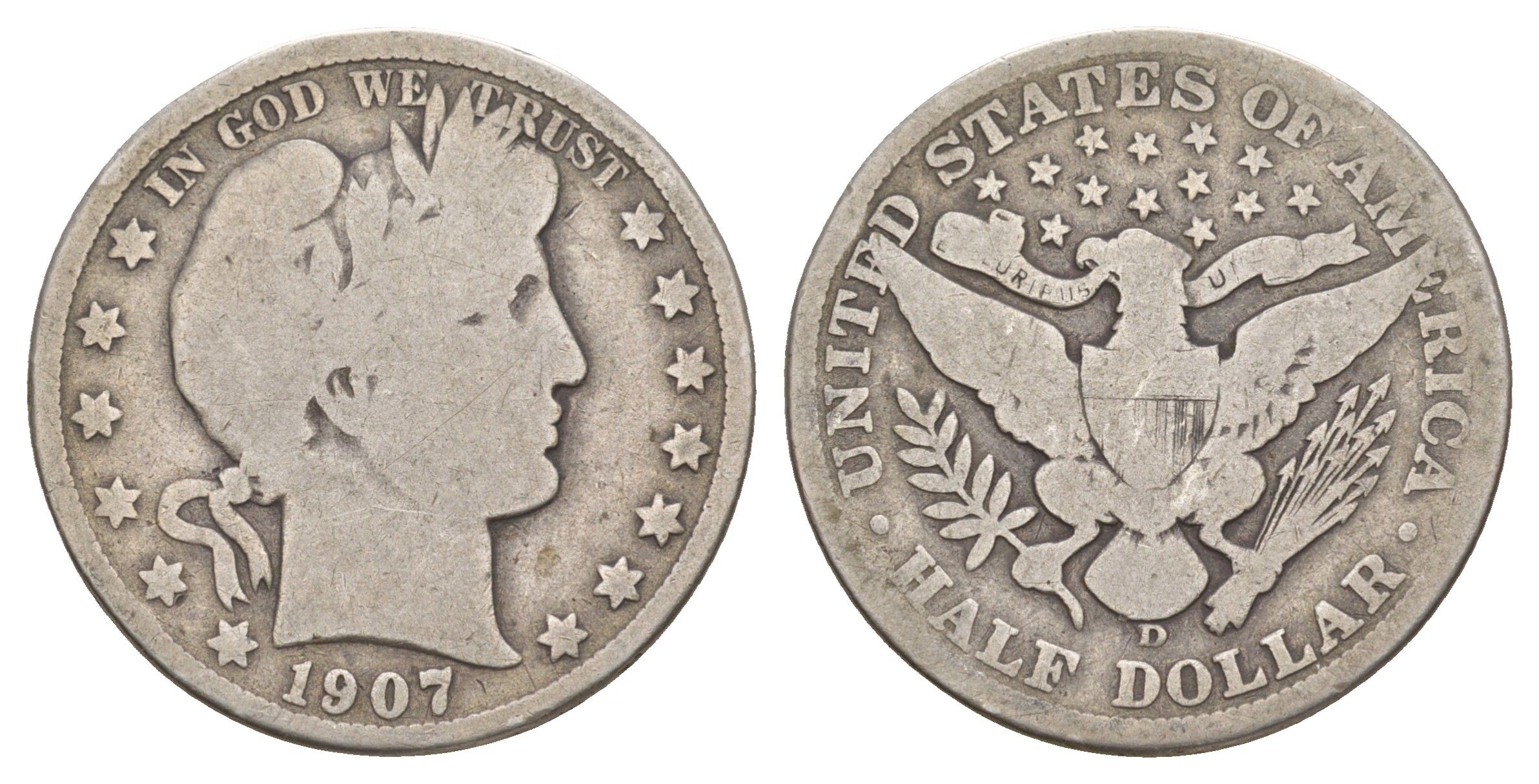 США 1/2 доллара (50 центов) 1907 D, 50 центов Барбера KM 116 серебро    5010-1645