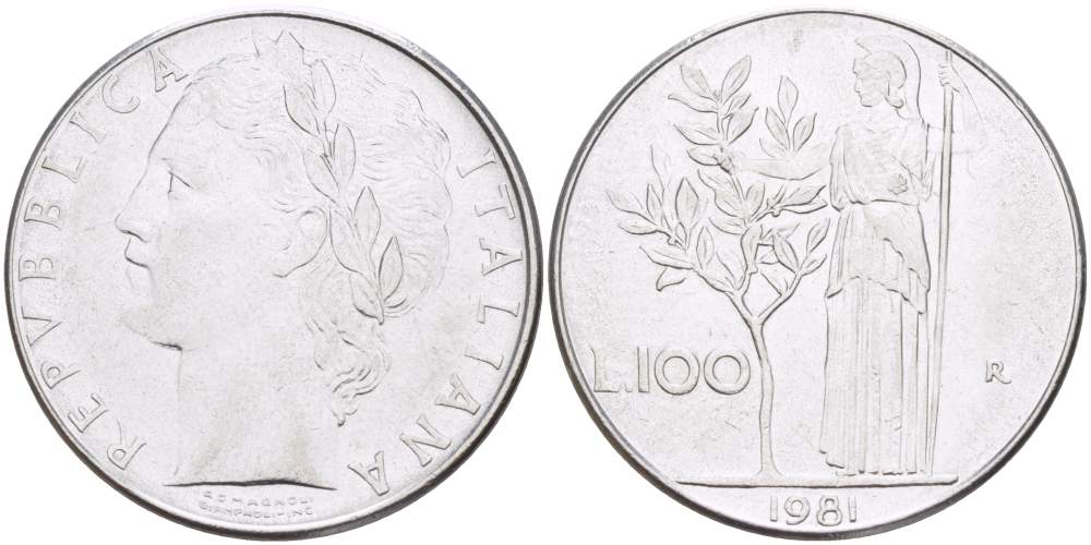 ИТАЛИЯ 100 ЛИР 1981 R, АФИНА KM 96.1 нержавеющая сталь 4526-336
