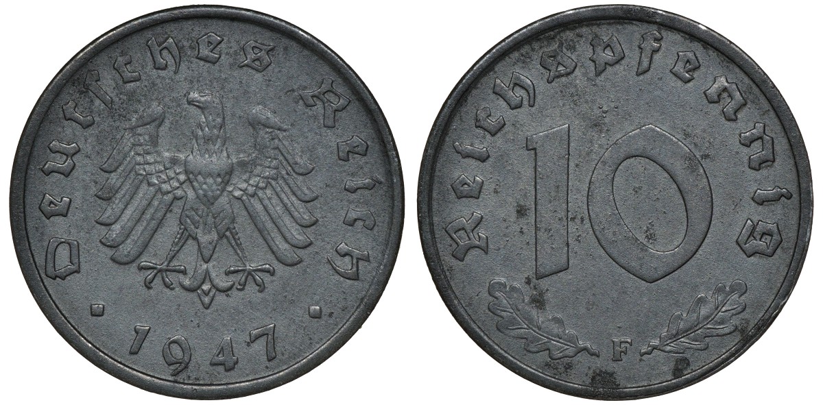 Германия 10 рейхспфеннигов 1947 F, оккупация Германии союзными войсками J. 375, KM A104 цинк 72-1516