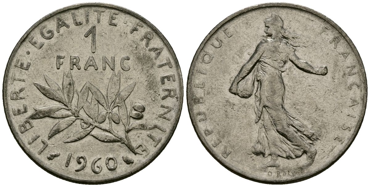 Франция 1 франк 1960 сеятель KM 925 никель 4135-811
