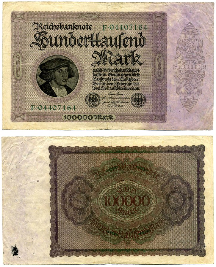 Германия 100000 марок 1923 1 февраля 1923, выпуск (март 1923-5 июля 1925), номер восьмизначный, серия F 04407164 Pick 83, Розенберг 82а бумага 2194-10-2-1