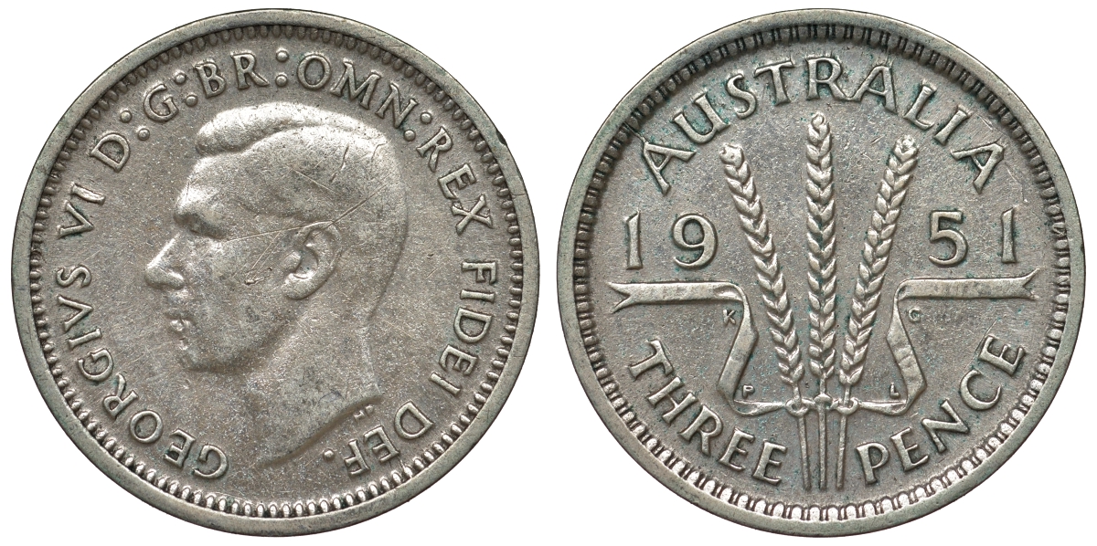 Австралия 3 пенса 1951 m, Георг VI (1937-1952), без букв KM 44 серебро 71-348