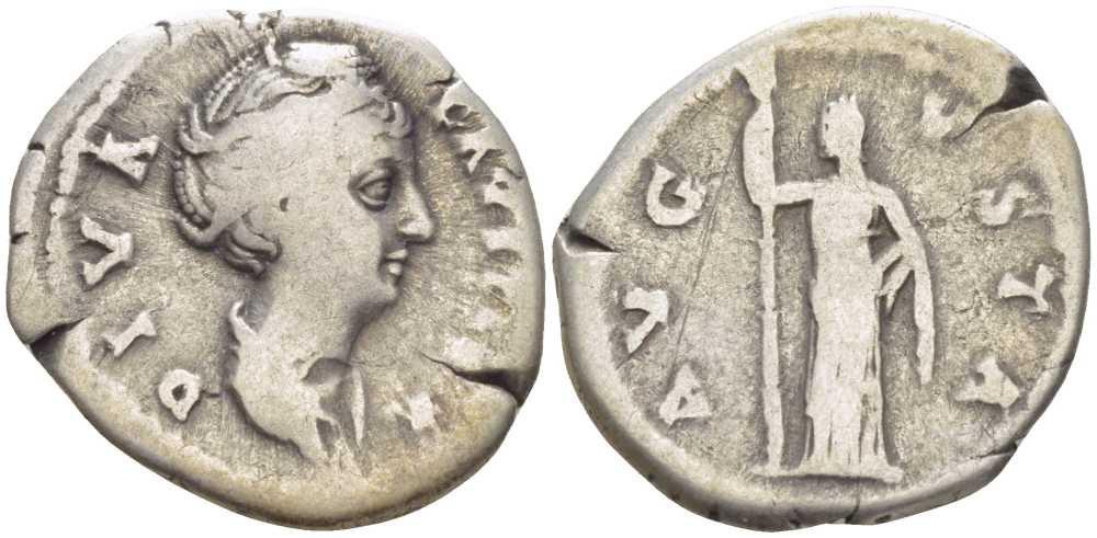 Римская Империя денарий 145 - 146 Фаустина Старшая, жена Антонина Пия (посмертная чеканка), DIVA FAVSTINA / AVGVSTA, Рим, fine RIC 362 серебро 1073-5-3-5