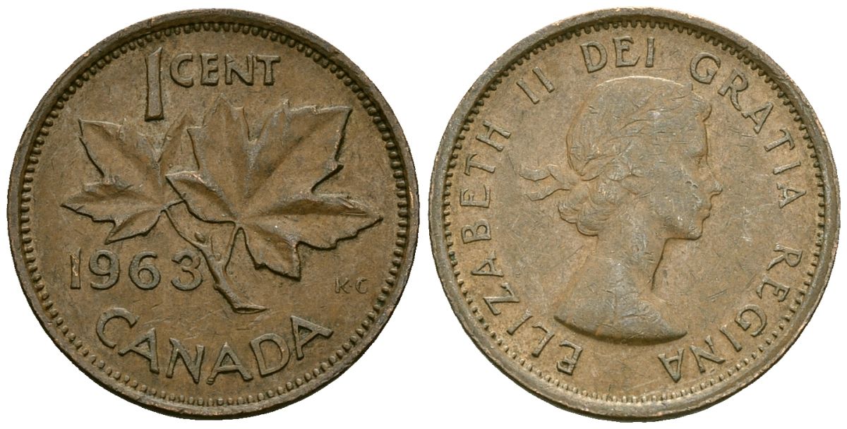 Канада 1 цент 1963 Елизавета II (1952-2022), кленовый лист KM 49 бронза 4173-1157
