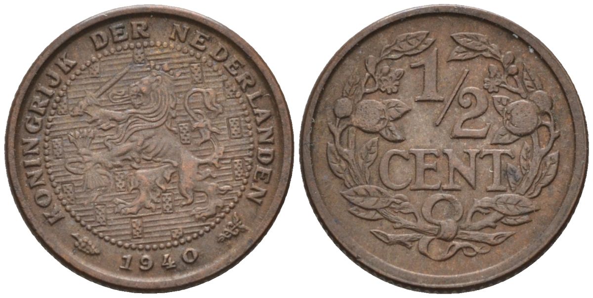 Нидерланды 1/2 цента 1940 Вильгельмина (1890-1948) KM 138 бронза 4588-1069