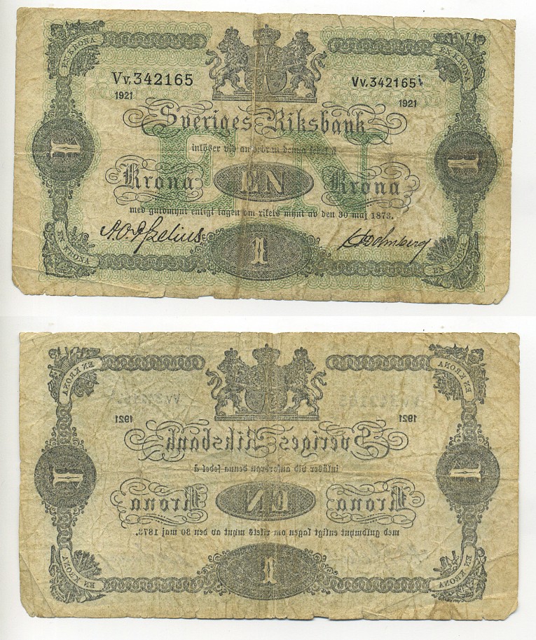 ШВЕЦИЯ 1 КРОНА 1921 Pick 32h бумага XF-VF 8612-44-3-1