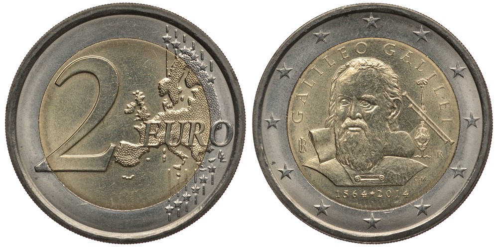 Италия 2 евро 2014 450 лет со дня рождения Галилео Галилея (1564-2014) KM 377 биметалл 177-157