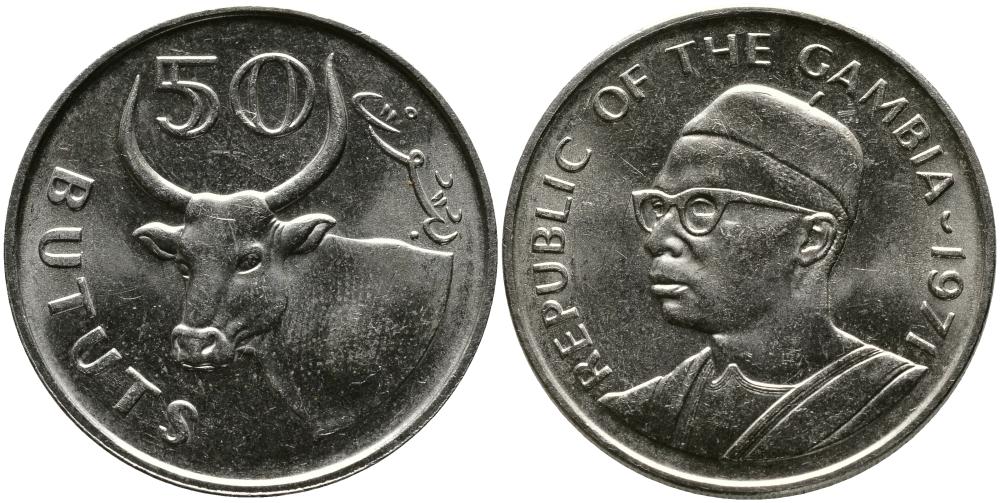 Гамбия 50 бутутов 1971 африканский бык KM 12 медно-никель 00-00