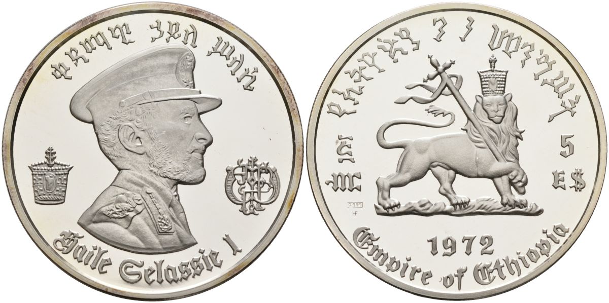 Эфиопия 5 долларов 1972 HF, хайле Селассие в войнной форме, второе правление KM 52 серебро PROOF 00-000-00