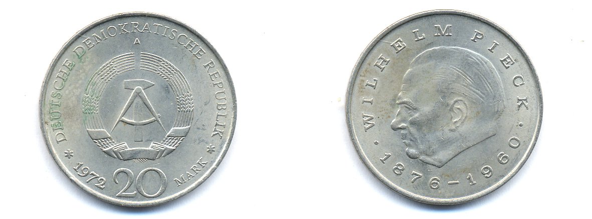 ГДР 20 марок 1972 А, Вильгельм Пик (1876-1960) KM 42 медно-никель 3333-334