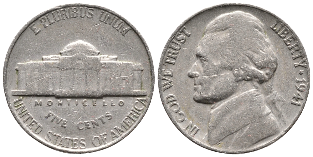 США 5 ЦЕНТОВ 1941 ДЖЕФФЕРСОН KM 192 медно-никель 4364-611