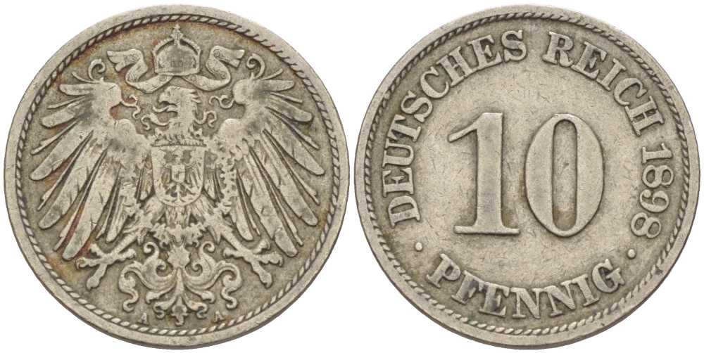 ГЕРМАНИЯ 10 ПФЕННИГОВ 1898 A KM 12, J. 13 медно-никель 4401-1032