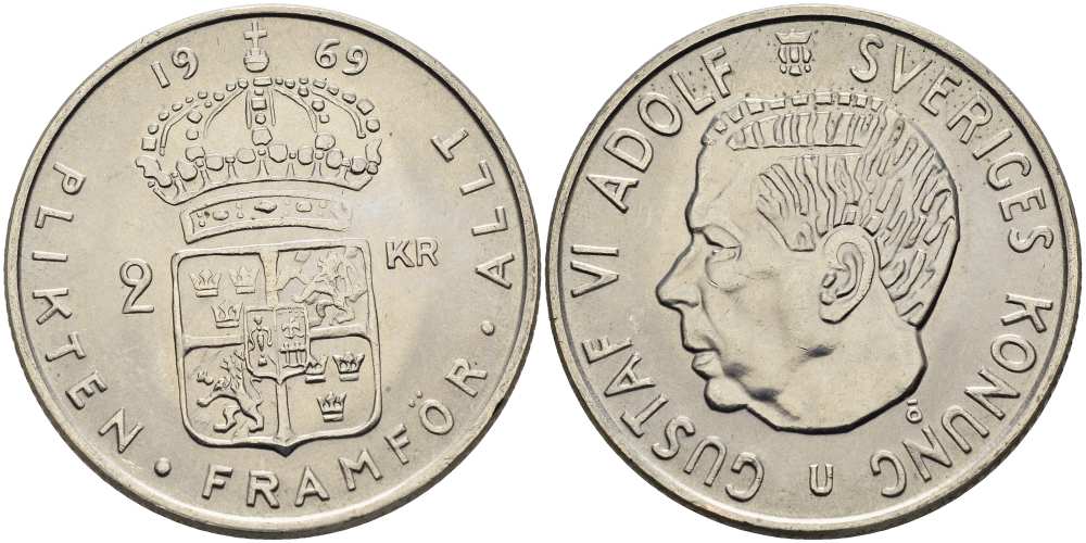 Швеция 2 кроны 1969 U, Густав VI Адольф (1950-1973) KM 827а медно-никель UNC 4517-545